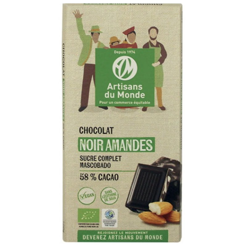 Chocolat noir équitable et bio au amandes -bio- 100g