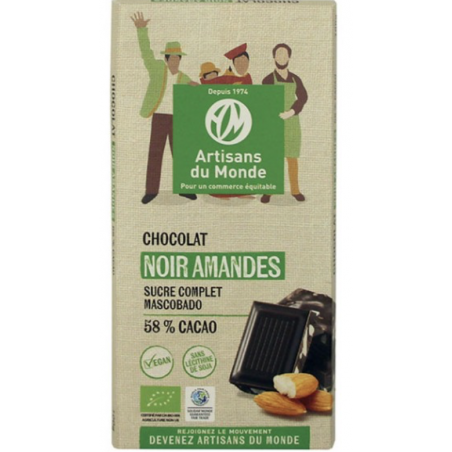 Chocolat noir équitable et bio au amandes -bio- 100g